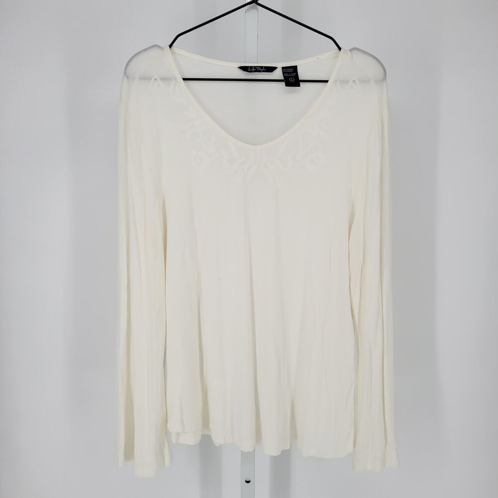 Life Style Womens Sz L Long Sleeve V Neck T Shirt White Floral Blouse